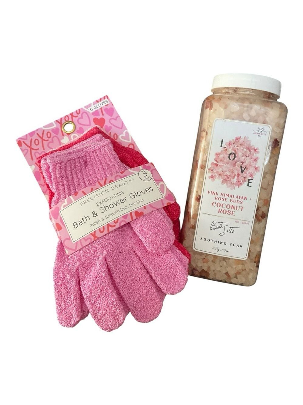 Precision Beauty exfoliating gloves and Coconut Rose bath salts.